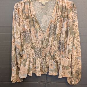 Astrid Sage and Cream Floral V-Neck Peplum Blouse
